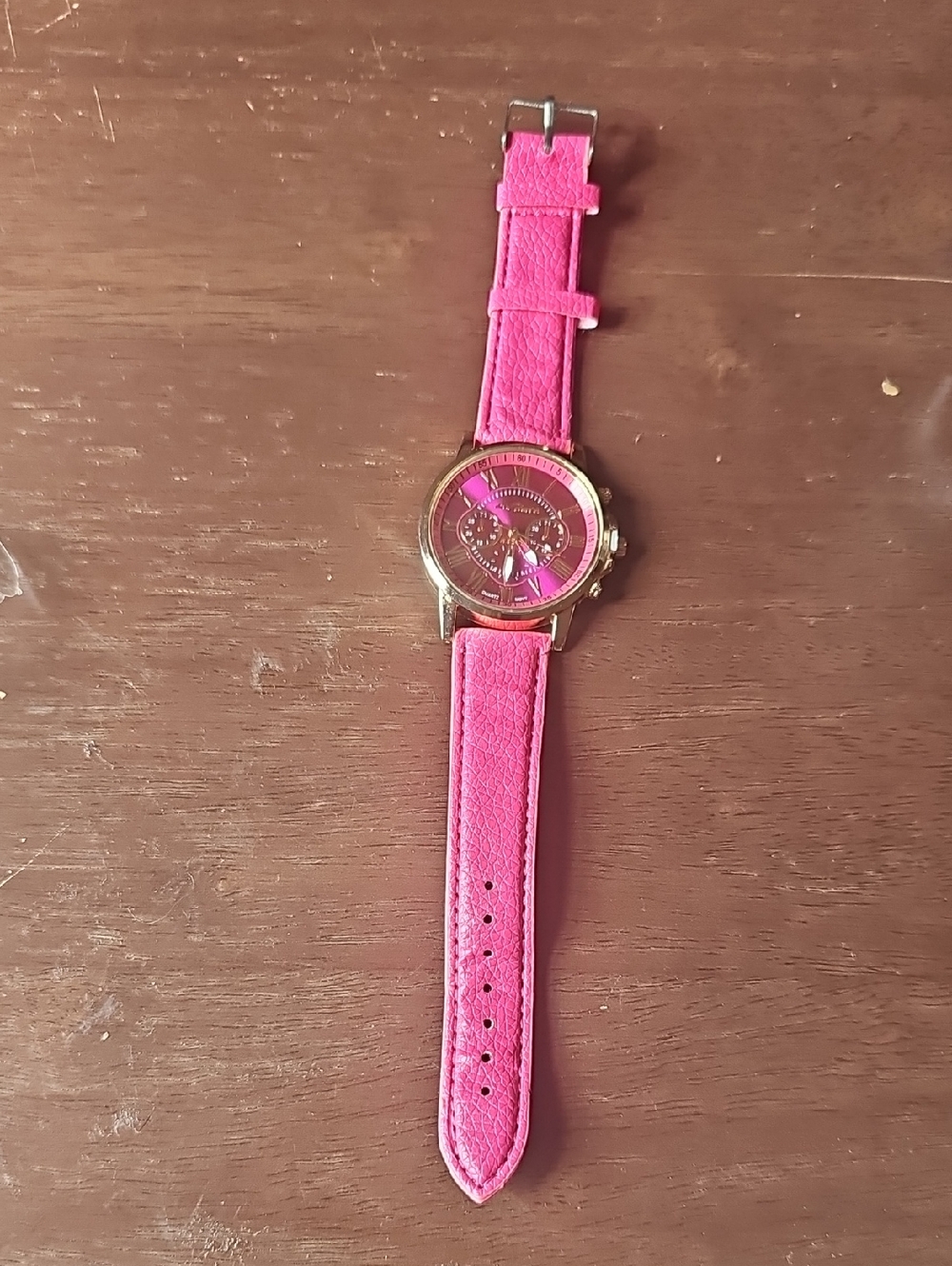 Pink Leather Strap Watch with Gold-tone Case
